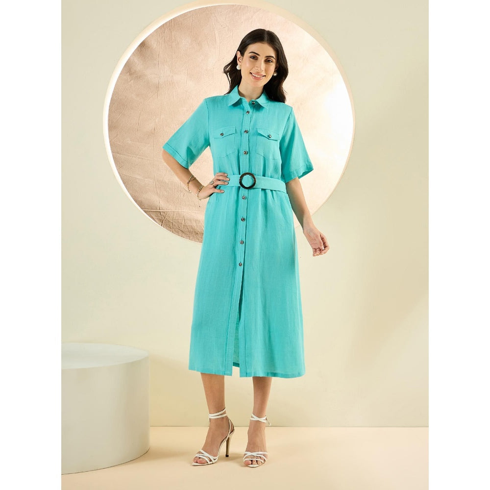 First Resort by Ramola Bachchan Cyan Mid-Length Linen Shirt Dress (Set of 2)