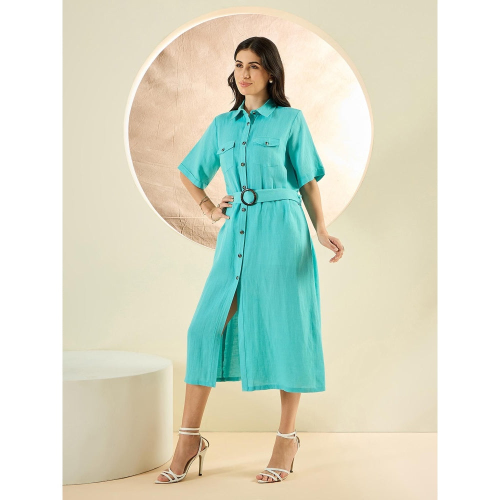 First Resort by Ramola Bachchan Cyan Mid-Length Linen Shirt Dress (Set of 2)