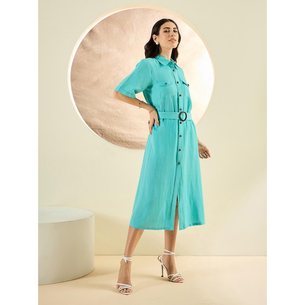 First Resort by Ramola Bachchan Cyan Mid-Length Linen Shirt Dress (Set of 2)