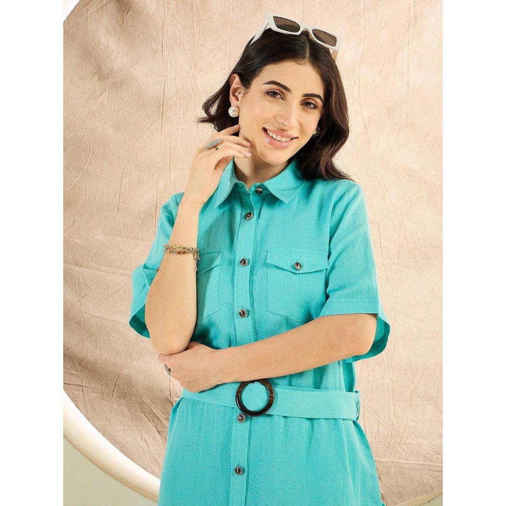 First Resort by Ramola Bachchan Cyan Mid-Length Linen Shirt Dress (Set of 2)