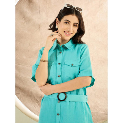 First Resort by Ramola Bachchan Cyan Mid-Length Linen Shirt Dress (Set of 2)