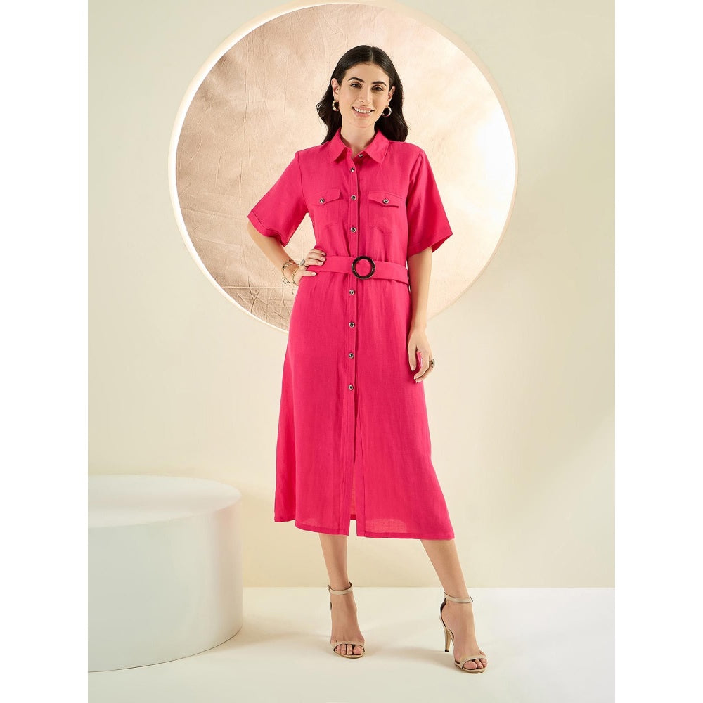 First Resort by Ramola Bachchan Hot Pink Mid-Length Linen Shirt Dress (Set of 2)