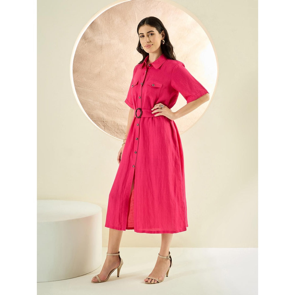 First Resort by Ramola Bachchan Hot Pink Mid-Length Linen Shirt Dress (Set of 2)