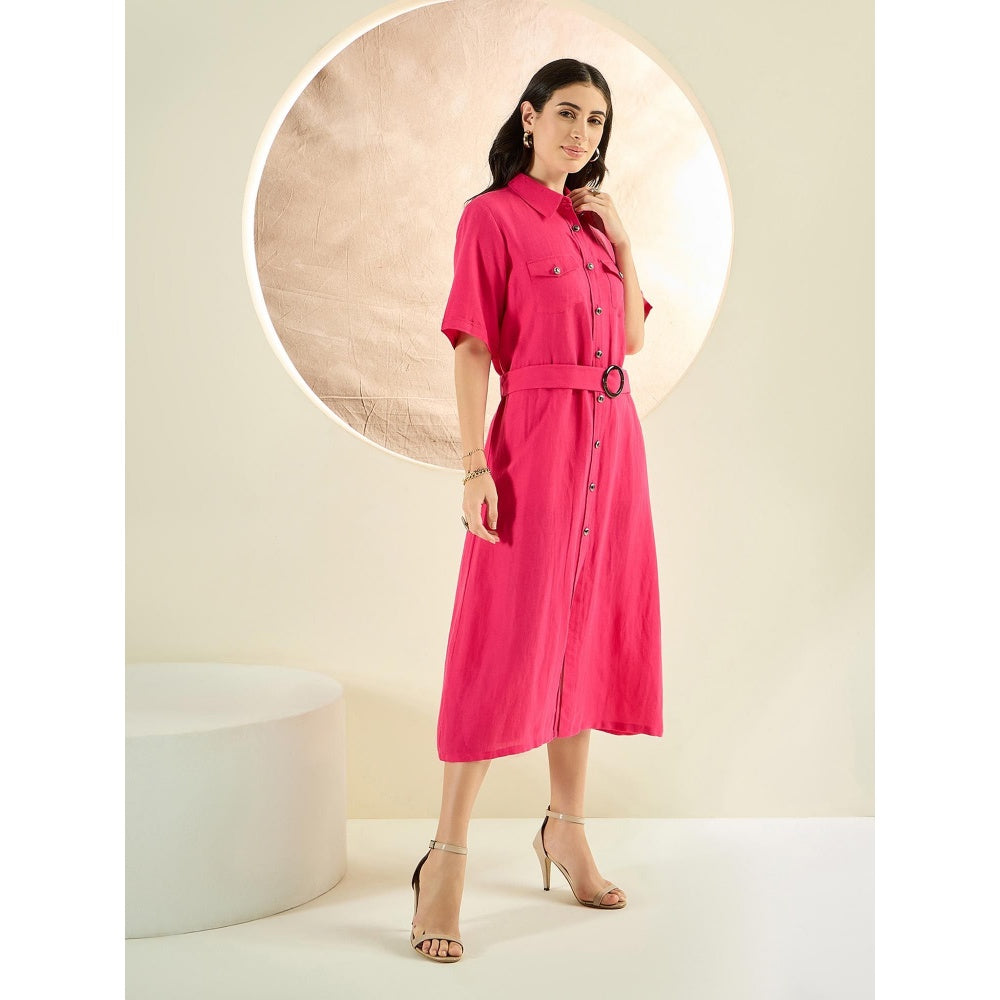 First Resort by Ramola Bachchan Hot Pink Mid-Length Linen Shirt Dress (Set of 2)