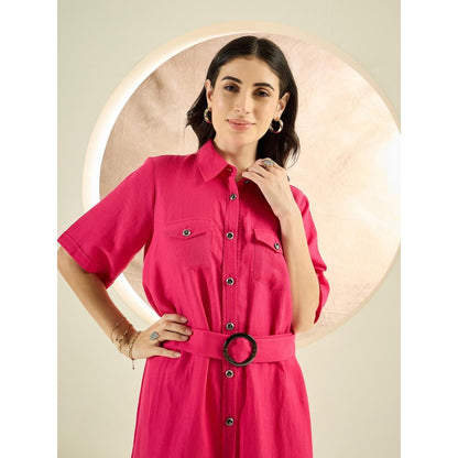 First Resort by Ramola Bachchan Hot Pink Mid-Length Linen Shirt Dress (Set of 2)