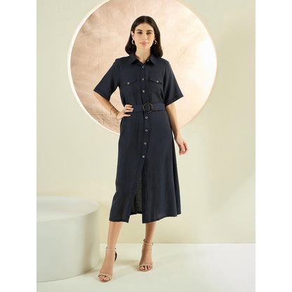 First Resort by Ramola Bachchan Nearly Black Mid-Length Linen Shirt Dress (Set of 2)