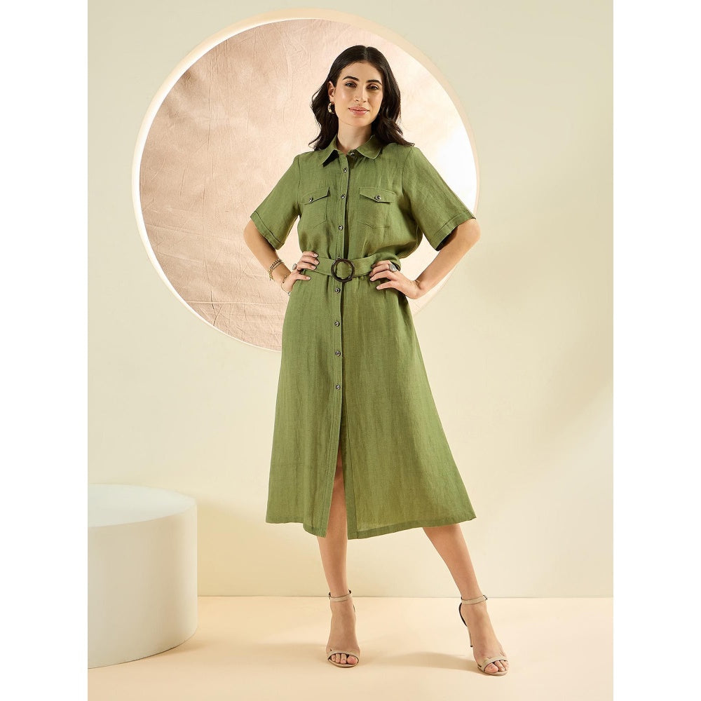First Resort by Ramola Bachchan Olive Green Mid-Length Linen Shirt Dress (Set of 2)