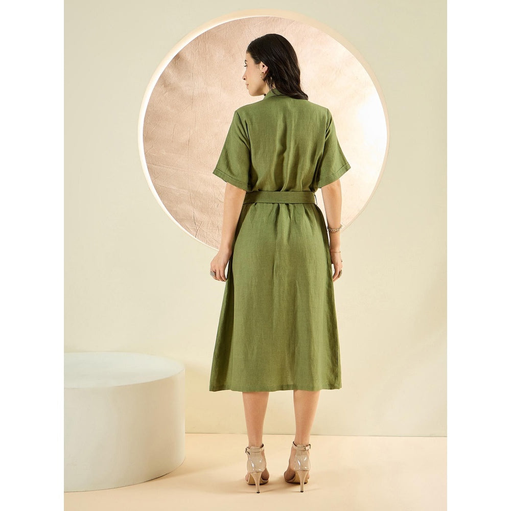 First Resort by Ramola Bachchan Olive Green Mid-Length Linen Shirt Dress (Set of 2)