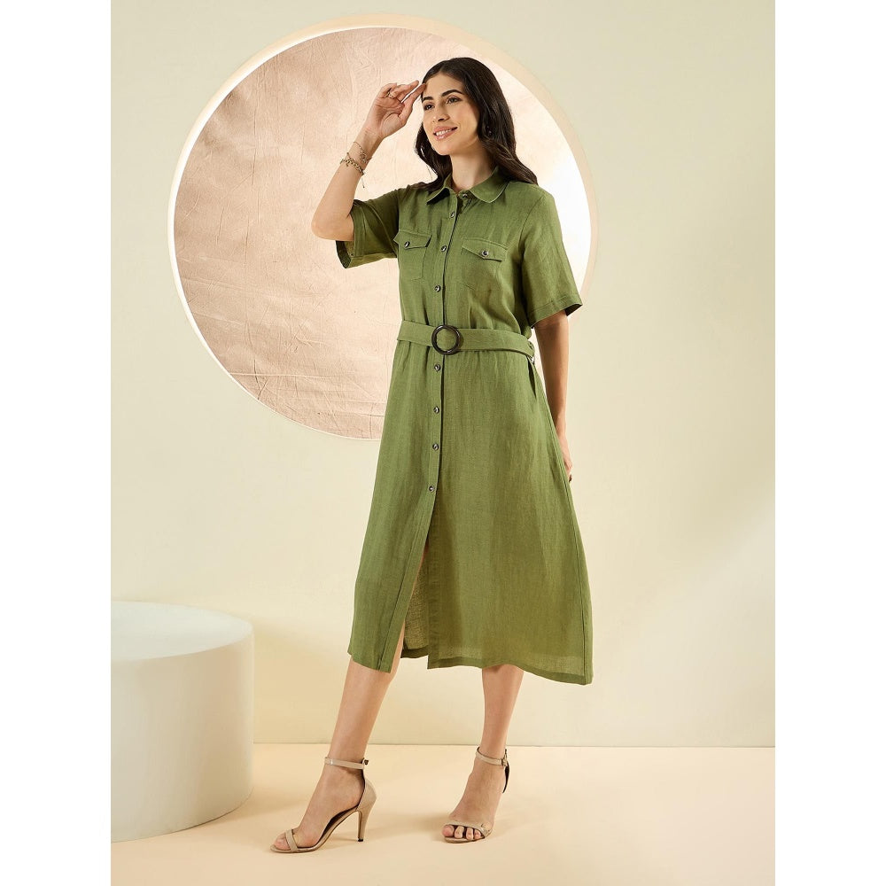 First Resort by Ramola Bachchan Olive Green Mid-Length Linen Shirt Dress (Set of 2)