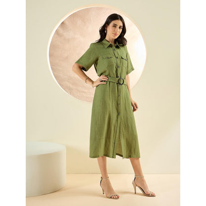 First Resort by Ramola Bachchan Olive Green Mid-Length Linen Shirt Dress (Set of 2)