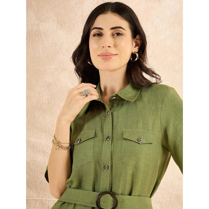 First Resort by Ramola Bachchan Olive Green Mid-Length Linen Shirt Dress (Set of 2)