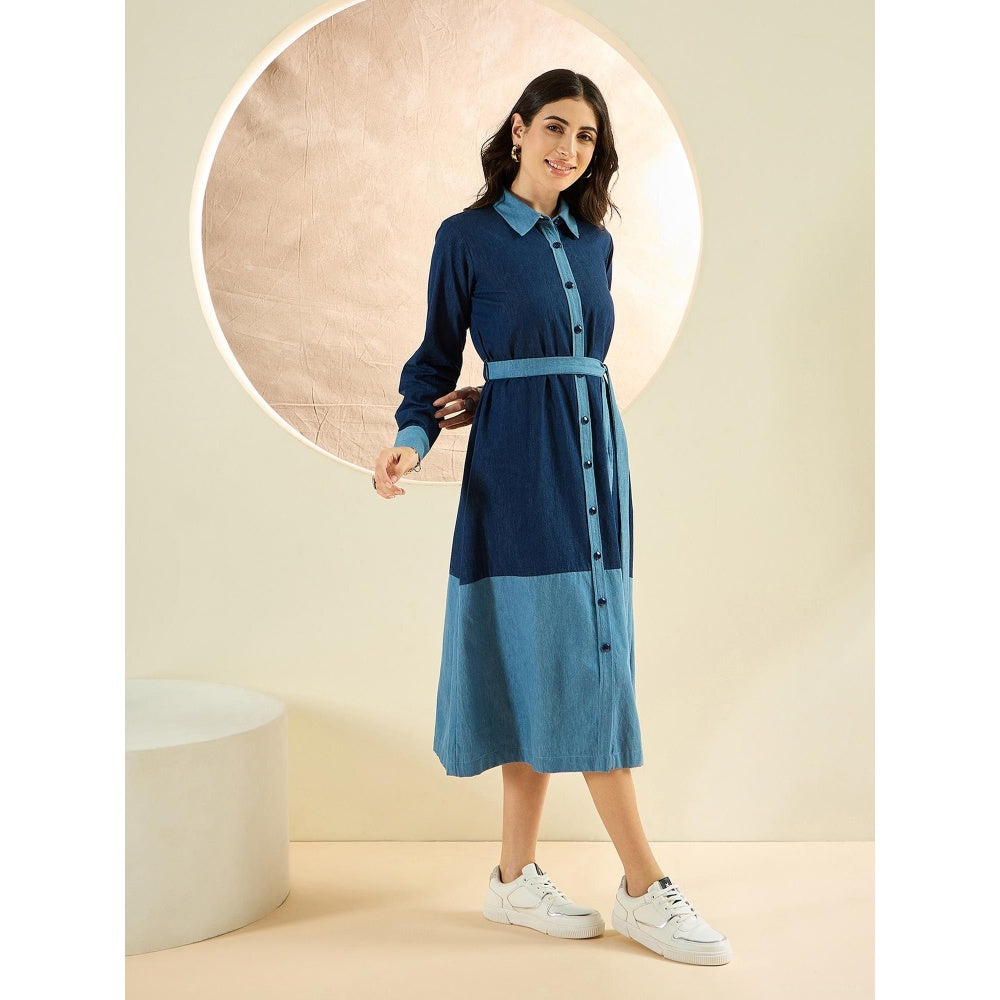 First Resort by Ramola Bachchan Dark Blue Denim Combo Mid-Length Shirt Dress (Set of 2)