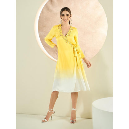 First Resort by Ramola Bachchan Sunflower Yellow Ombre Hand Embroidered Wrap Satin Dress