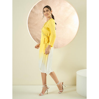 First Resort by Ramola Bachchan Sunflower Yellow Ombre Hand Embroidered Wrap Satin Dress