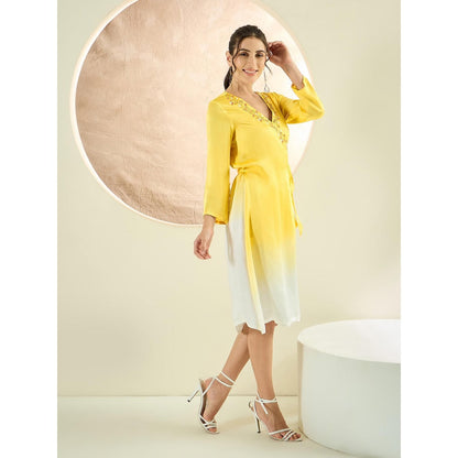 First Resort by Ramola Bachchan Sunflower Yellow Ombre Hand Embroidered Wrap Satin Dress