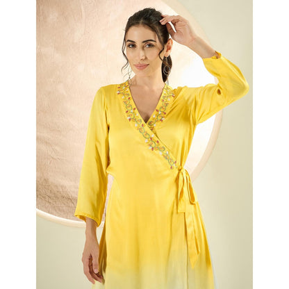 First Resort by Ramola Bachchan Sunflower Yellow Ombre Hand Embroidered Wrap Satin Dress