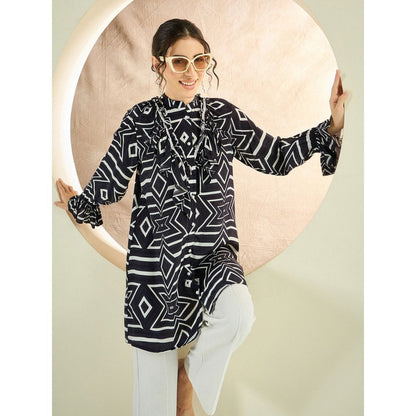 First Resort by Ramola Bachchan Black And White Geometric Frill Long Shirt