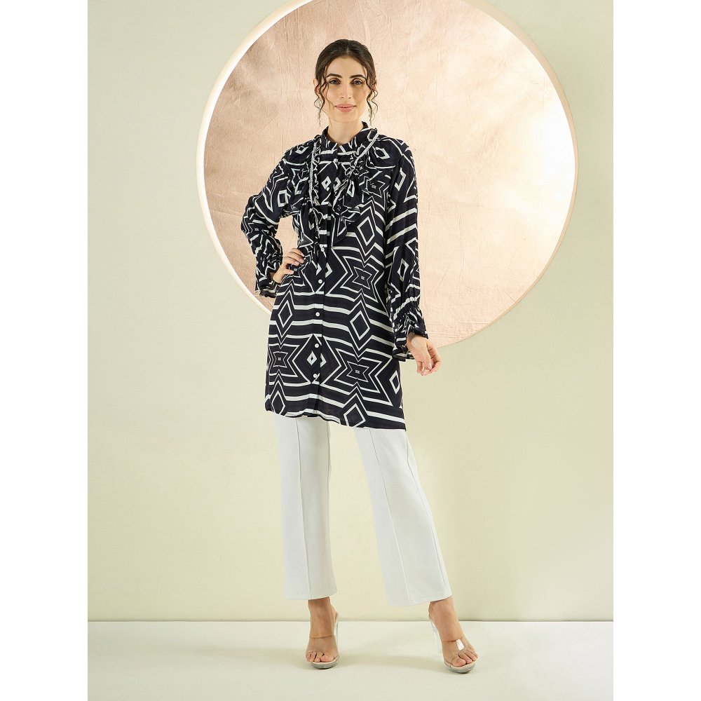 First Resort by Ramola Bachchan Black And White Geometric Frill Long Shirt