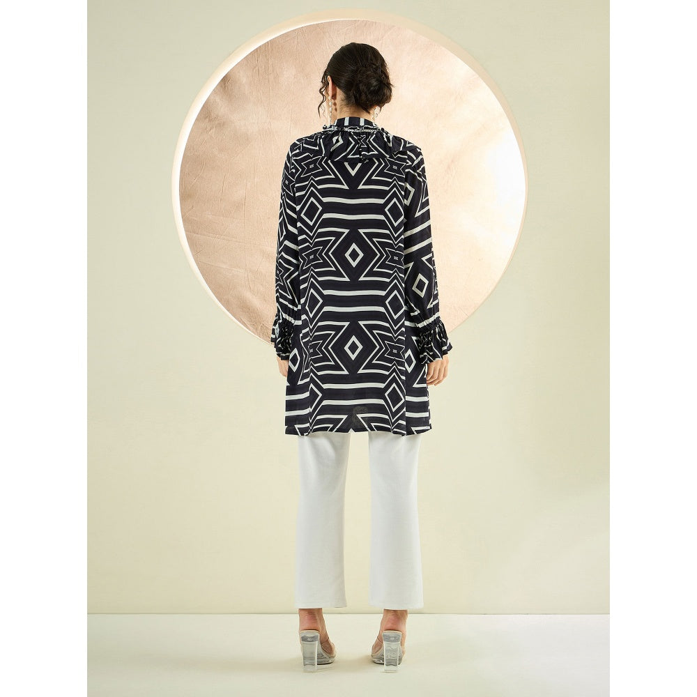 First Resort by Ramola Bachchan Black And White Geometric Frill Long Shirt