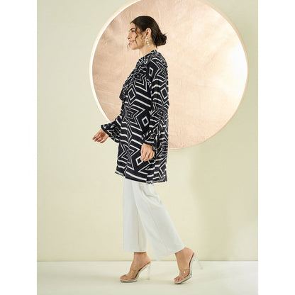 First Resort by Ramola Bachchan Black And White Geometric Frill Long Shirt