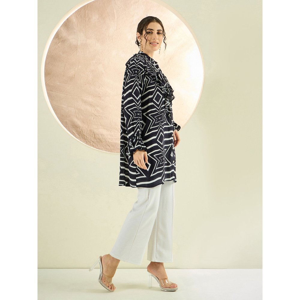 First Resort by Ramola Bachchan Black And White Geometric Frill Long Shirt