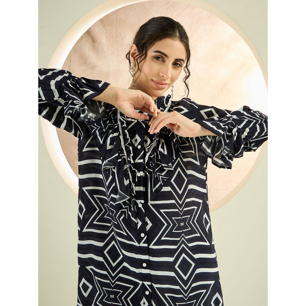 First Resort by Ramola Bachchan Black And White Geometric Frill Long Shirt