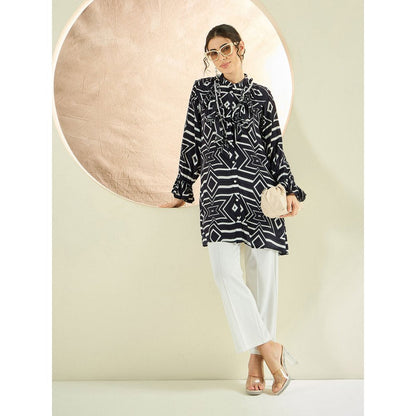 First Resort by Ramola Bachchan Black And White Geometric Frill Long Shirt
