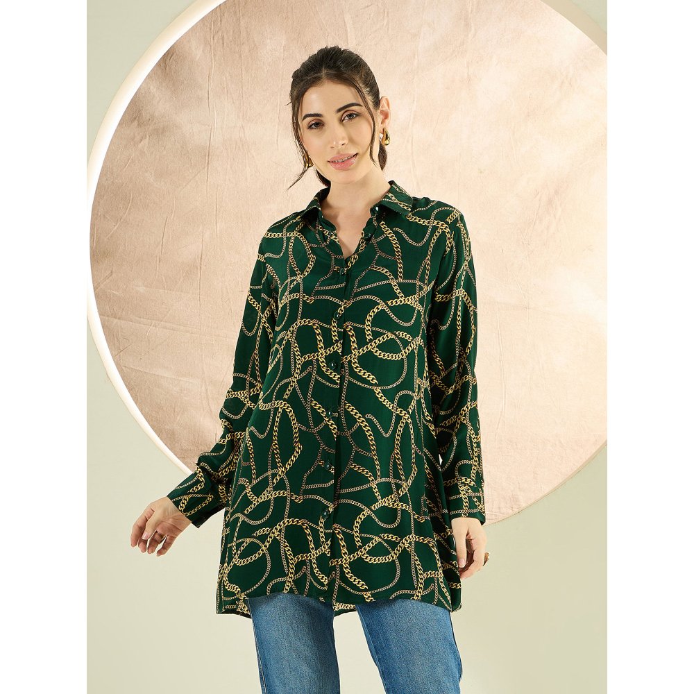 First Resort by Ramola Bachchan Forest Green Chain Print Shirt