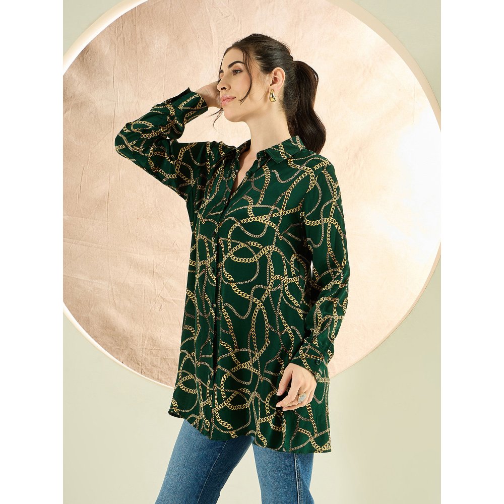 First Resort by Ramola Bachchan Forest Green Chain Print Shirt