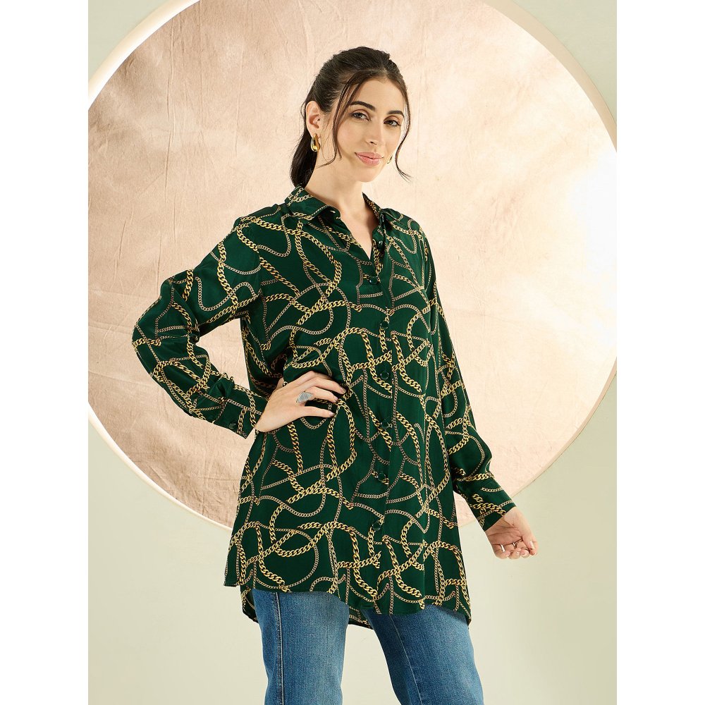 First Resort by Ramola Bachchan Forest Green Chain Print Shirt