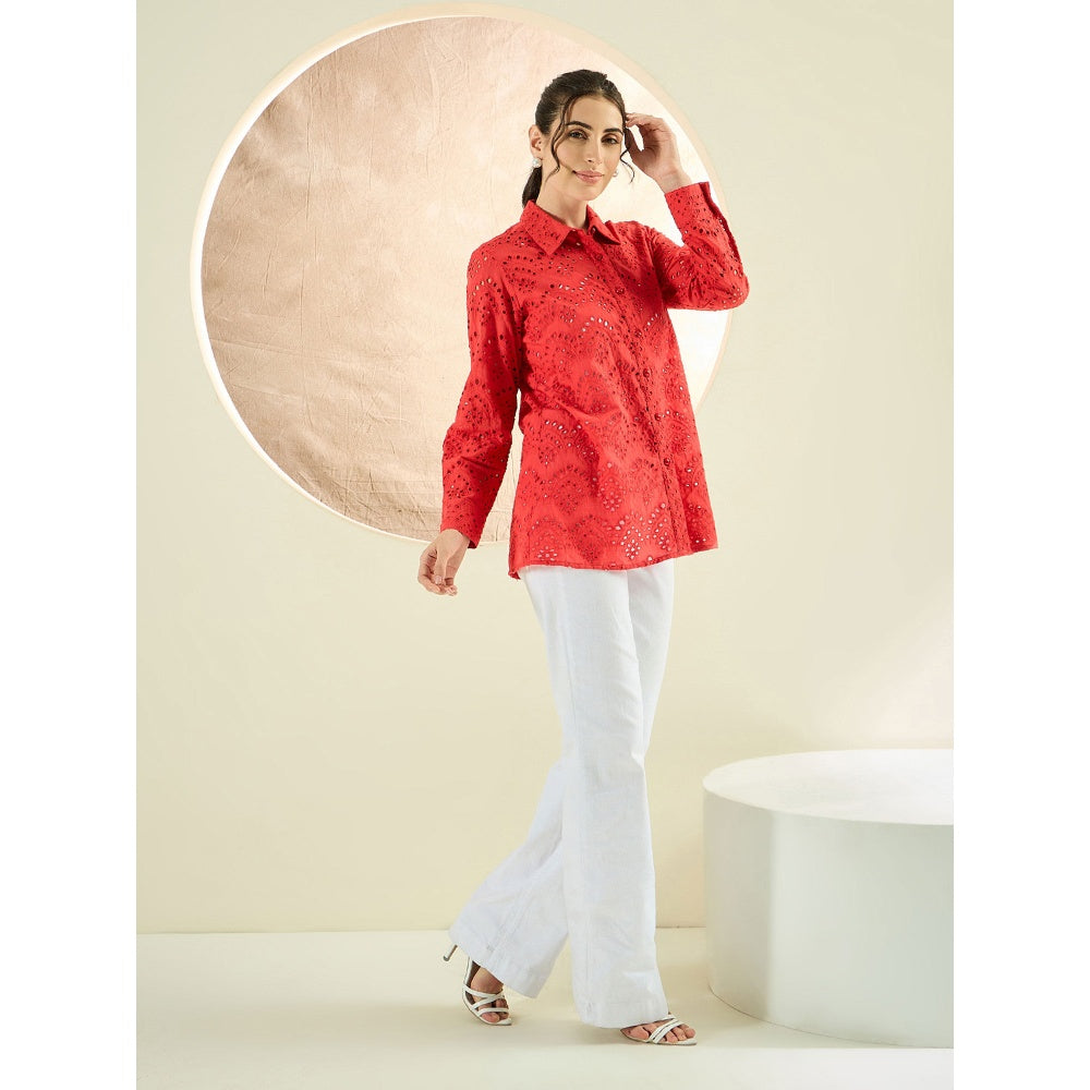 First Resort by Ramola Bachchan Red Eyelet Shirt