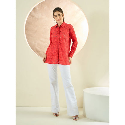 First Resort by Ramola Bachchan Red Eyelet Shirt