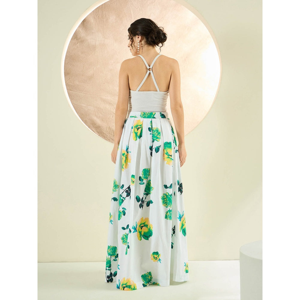 First Resort by Ramola Bachchan White And Green Floral Long Skirt