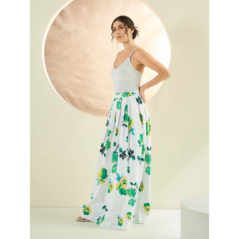 First Resort by Ramola Bachchan White And Green Floral Long Skirt