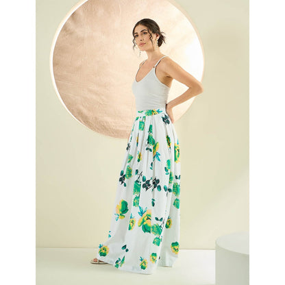 First Resort by Ramola Bachchan White And Green Floral Long Skirt