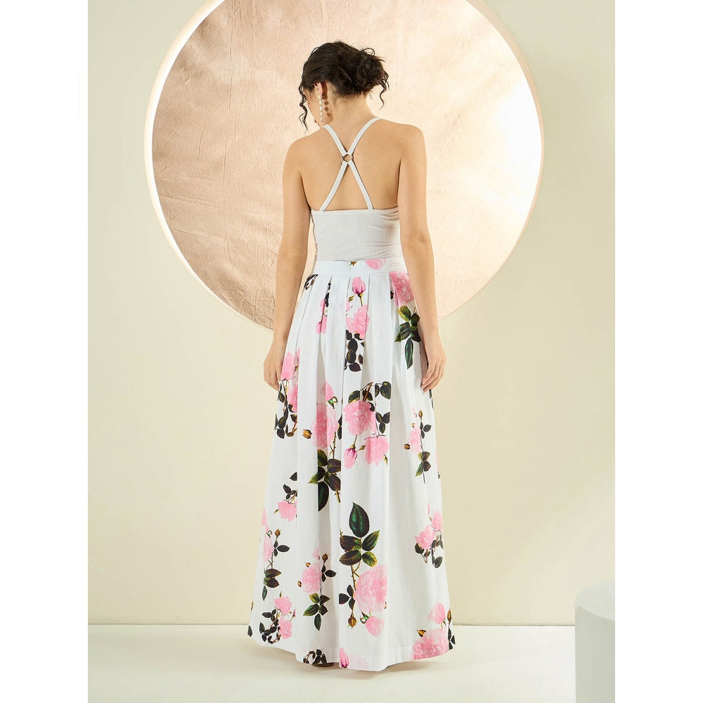 First Resort by Ramola Bachchan White And Pink Floral Long Skirt