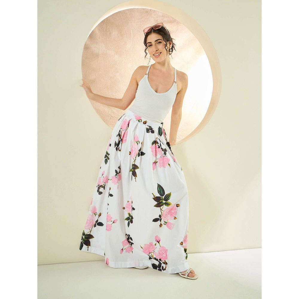 First Resort by Ramola Bachchan White And Pink Floral Long Skirt