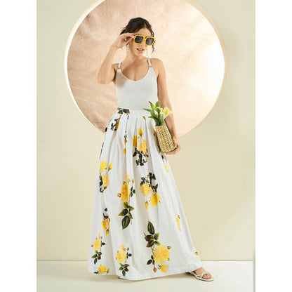 First Resort by Ramola Bachchan White And Yellow Floral Long Skirt