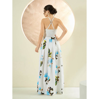 First Resort by Ramola Bachchan White And Light Blue Floral Long Skirt