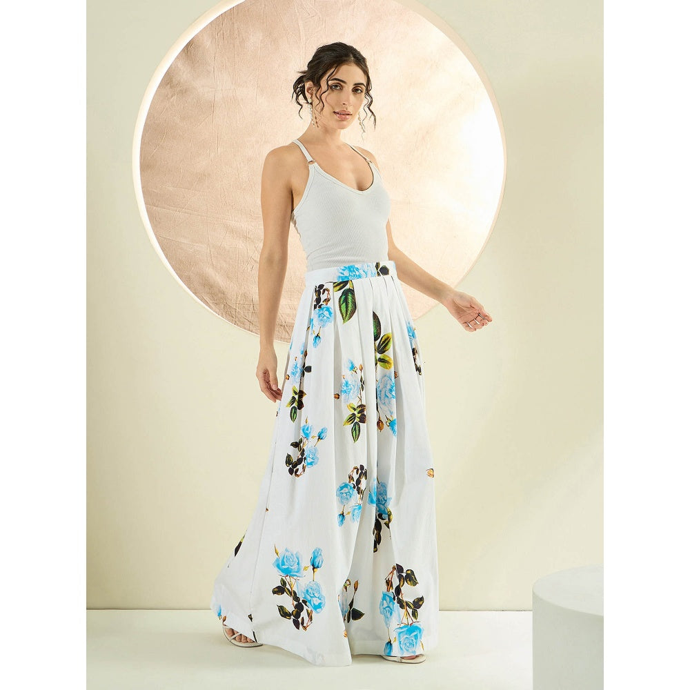 First Resort by Ramola Bachchan White And Light Blue Floral Long Skirt