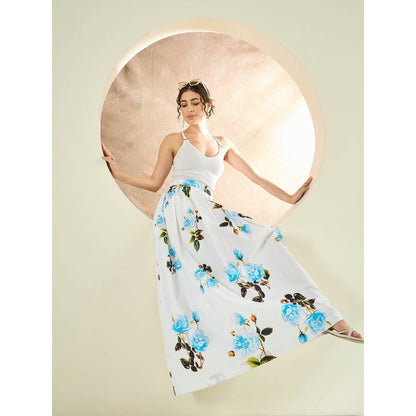 First Resort by Ramola Bachchan White And Light Blue Floral Long Skirt