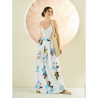 First Resort by Ramola Bachchan White And Light Blue Floral Long Skirt
