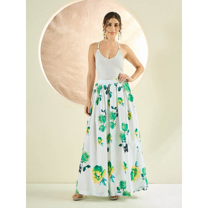 First Resort by Ramola Bachchan White And Green Floral Wide Leg Palazzo