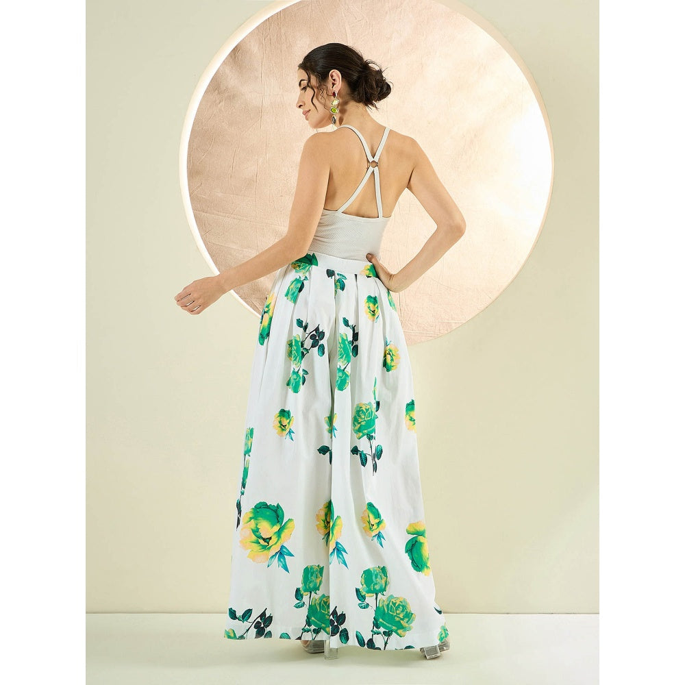 First Resort by Ramola Bachchan White And Green Floral Wide Leg Palazzo