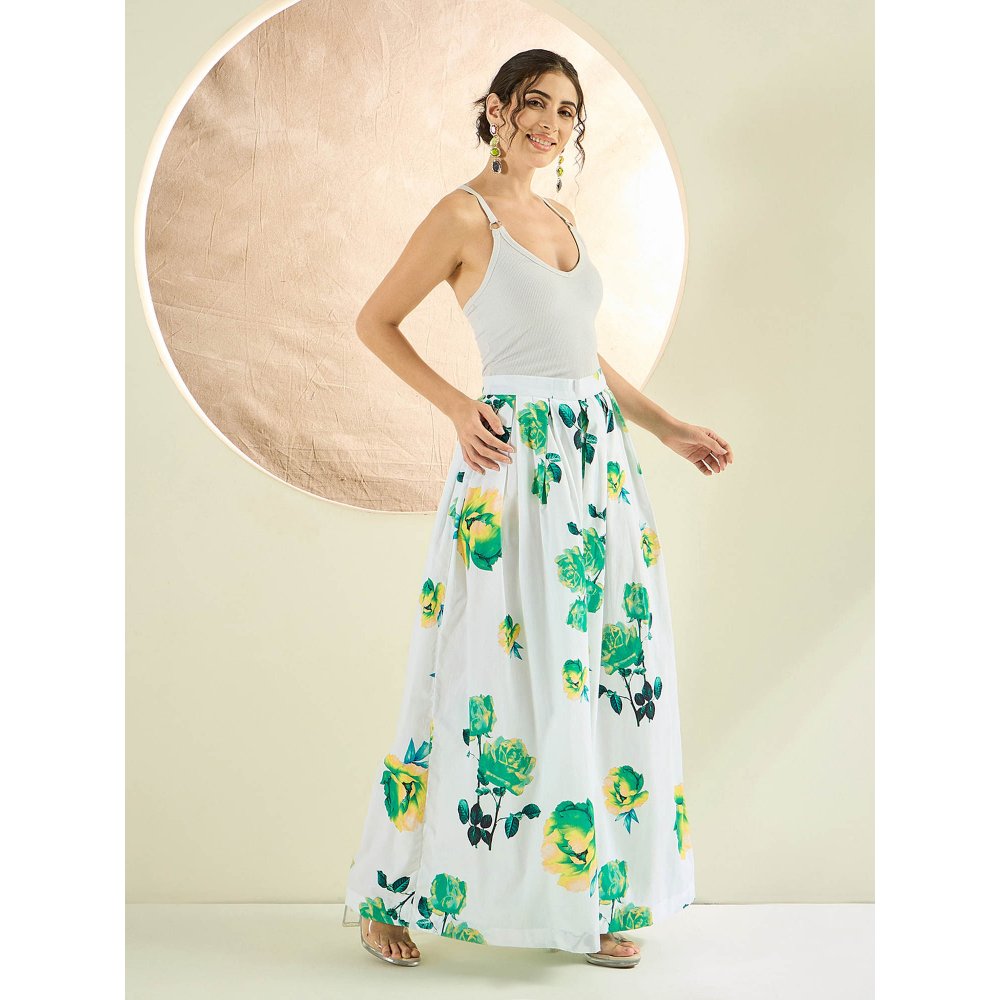 First Resort by Ramola Bachchan White And Green Floral Wide Leg Palazzo