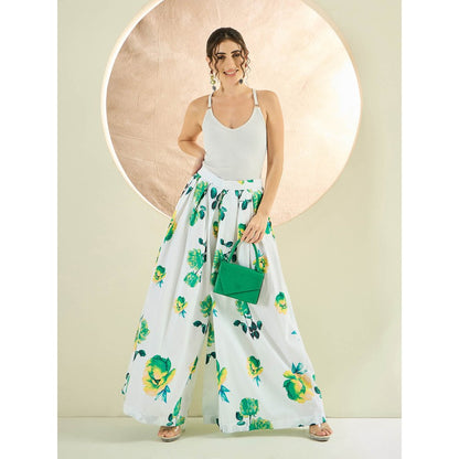 First Resort by Ramola Bachchan White And Green Floral Wide Leg Palazzo