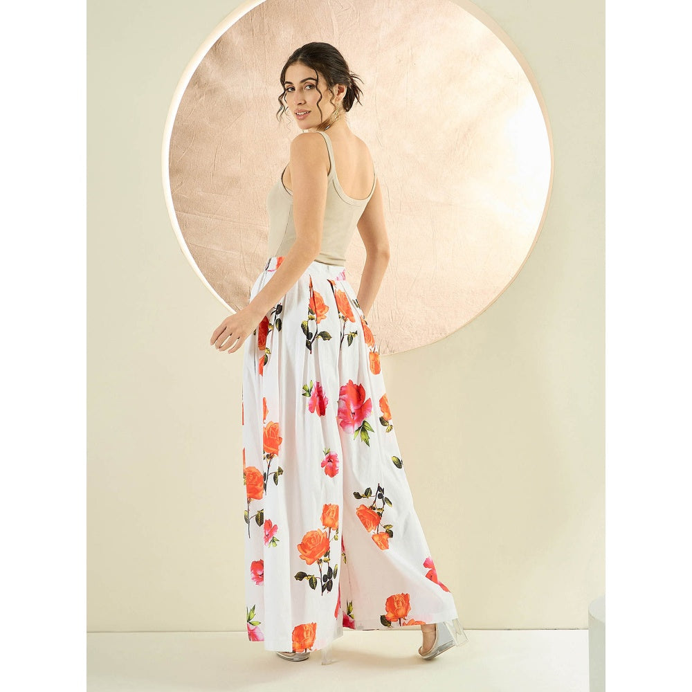 First Resort by Ramola Bachchan White And Orange Floral Wide Leg Palazzo