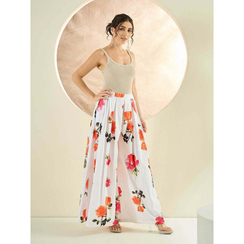 First Resort by Ramola Bachchan White And Orange Floral Wide Leg Palazzo