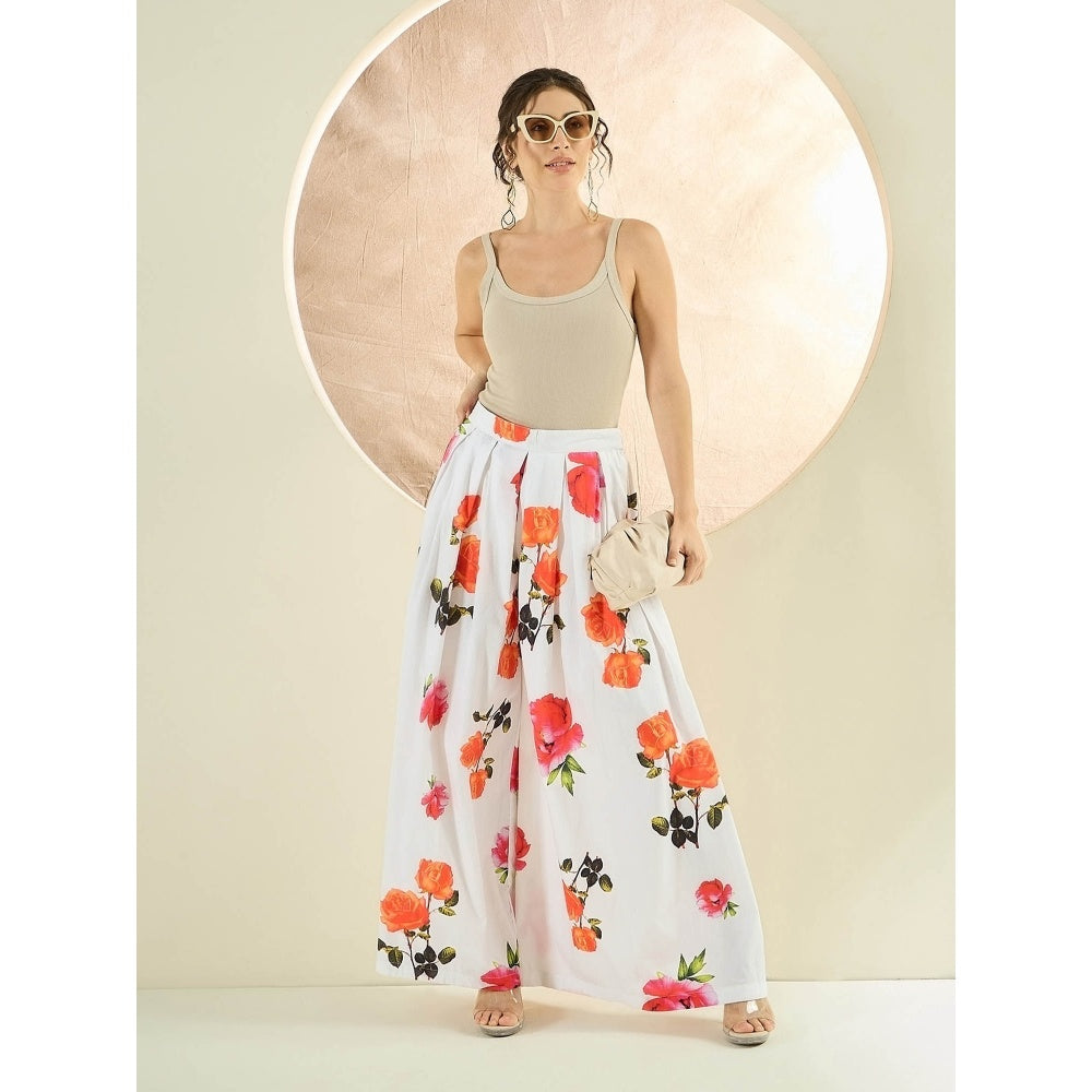 First Resort by Ramola Bachchan White And Orange Floral Wide Leg Palazzo