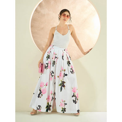 First Resort by Ramola Bachchan White And Pink Floral Wide Leg Palazzo